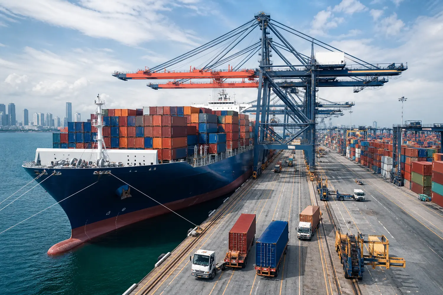 Container ship at a port terminal with cranes and freight trucks