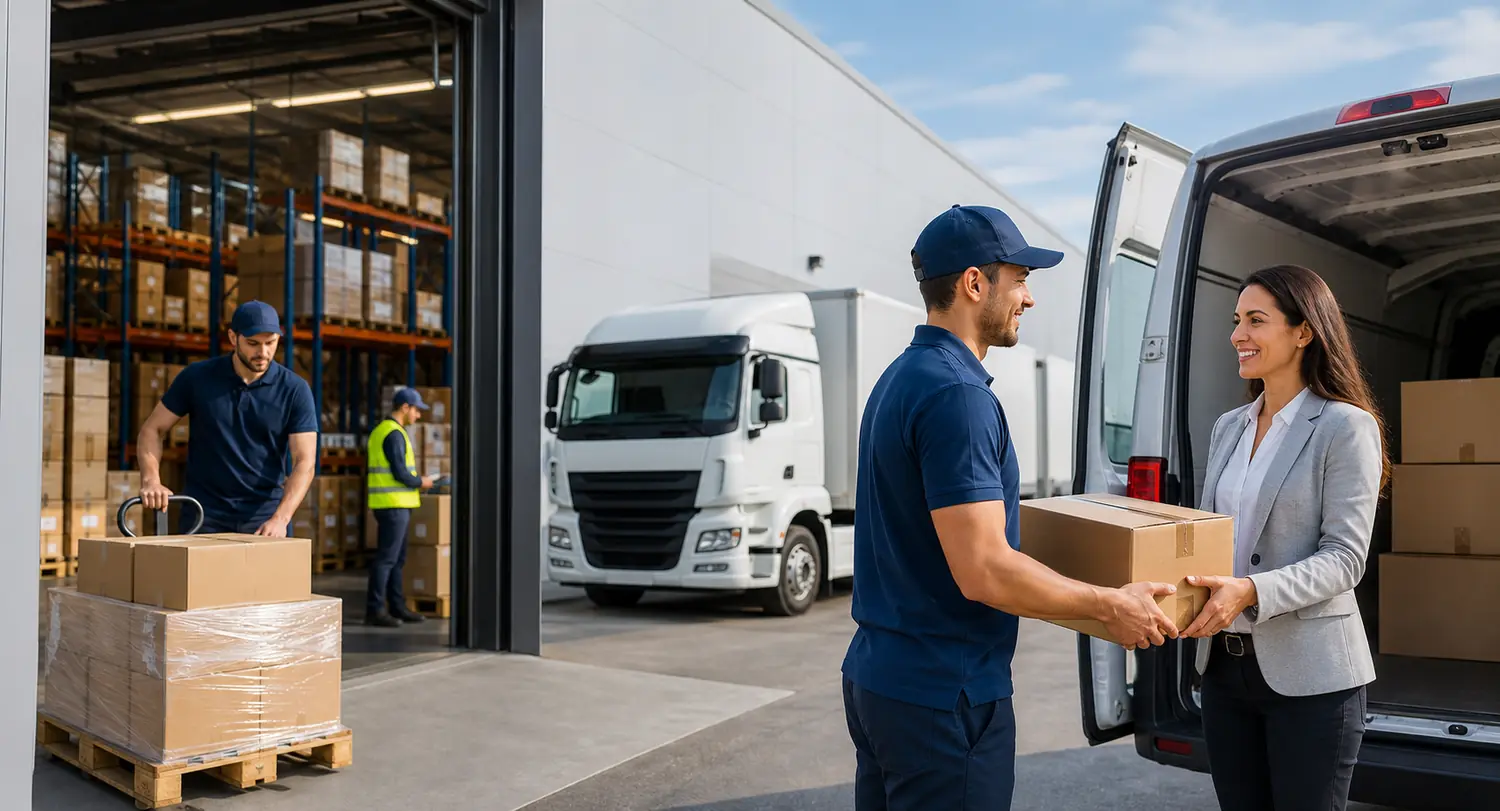 Courier handing a package to a customer beside a warehouse and delivery vehicle